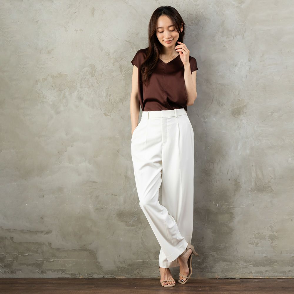 シルク サテンストレッチ Vネック フレンチスリーブ トップス 日本製 19匁