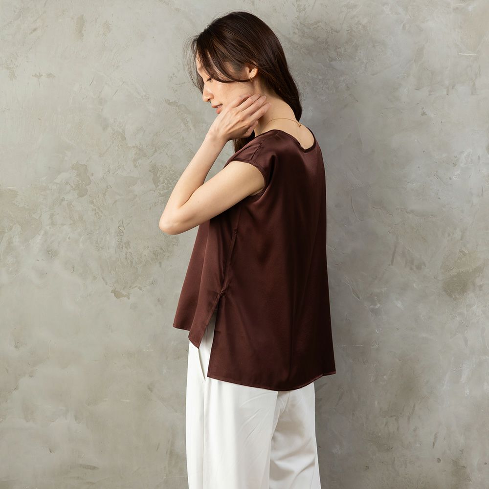 シルク サテンストレッチ Vネック フレンチスリーブ トップス 日本製 19匁