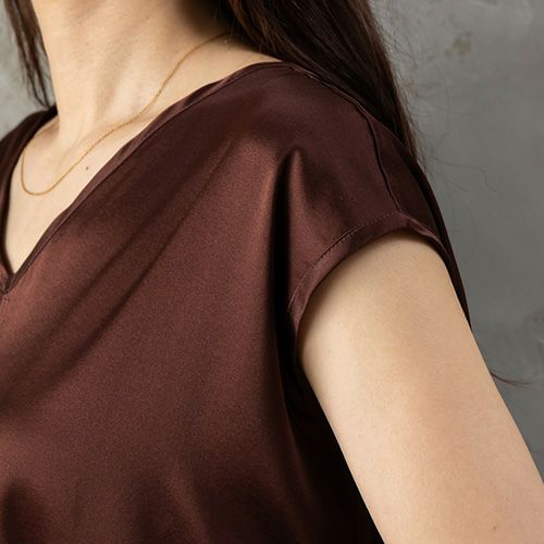 シルク サテンストレッチ Vネック フレンチスリーブ トップス 日本製 19匁