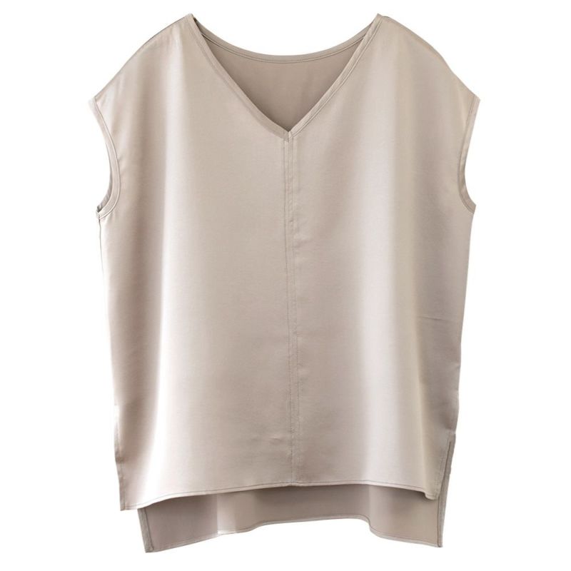 シルク サテンストレッチ Vネック フレンチスリーブ トップス 日本製 19匁