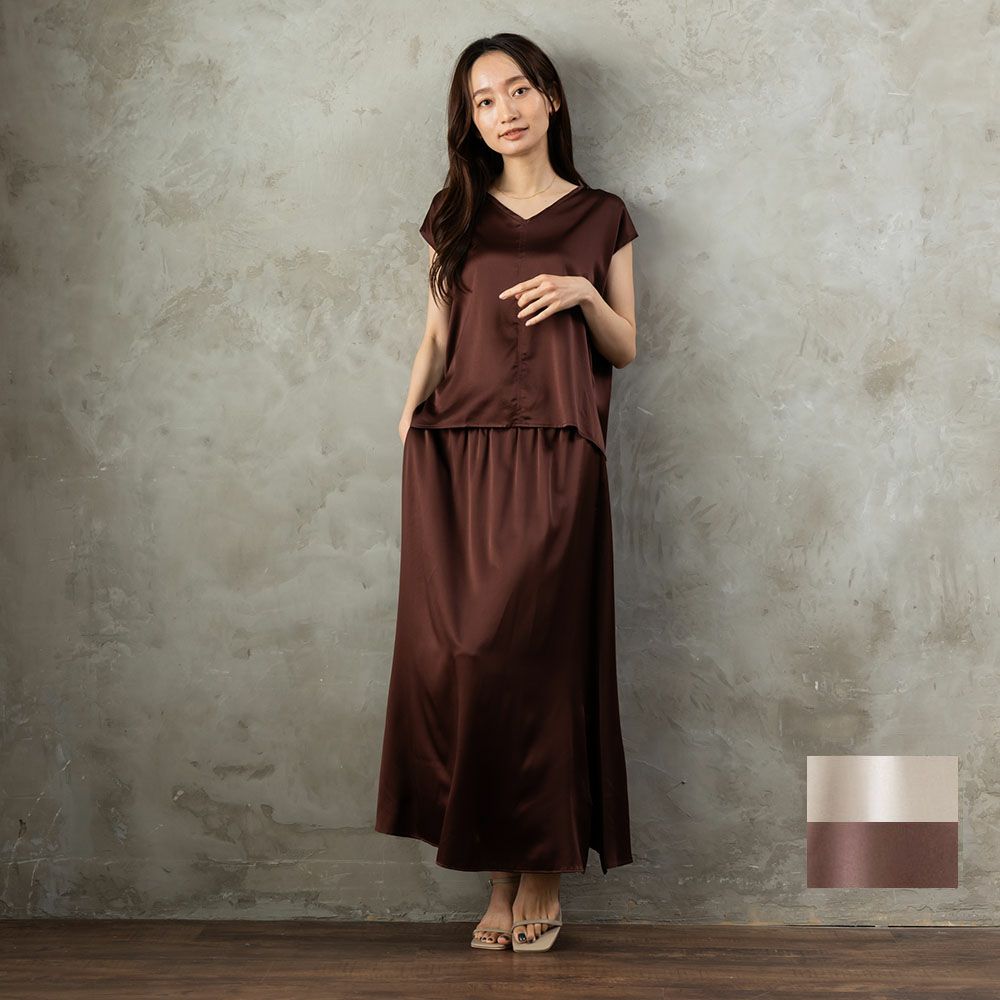 【お得な上下セット】シルク サテンストレッチ トップス＆スカート 上下セット 日本製 19匁