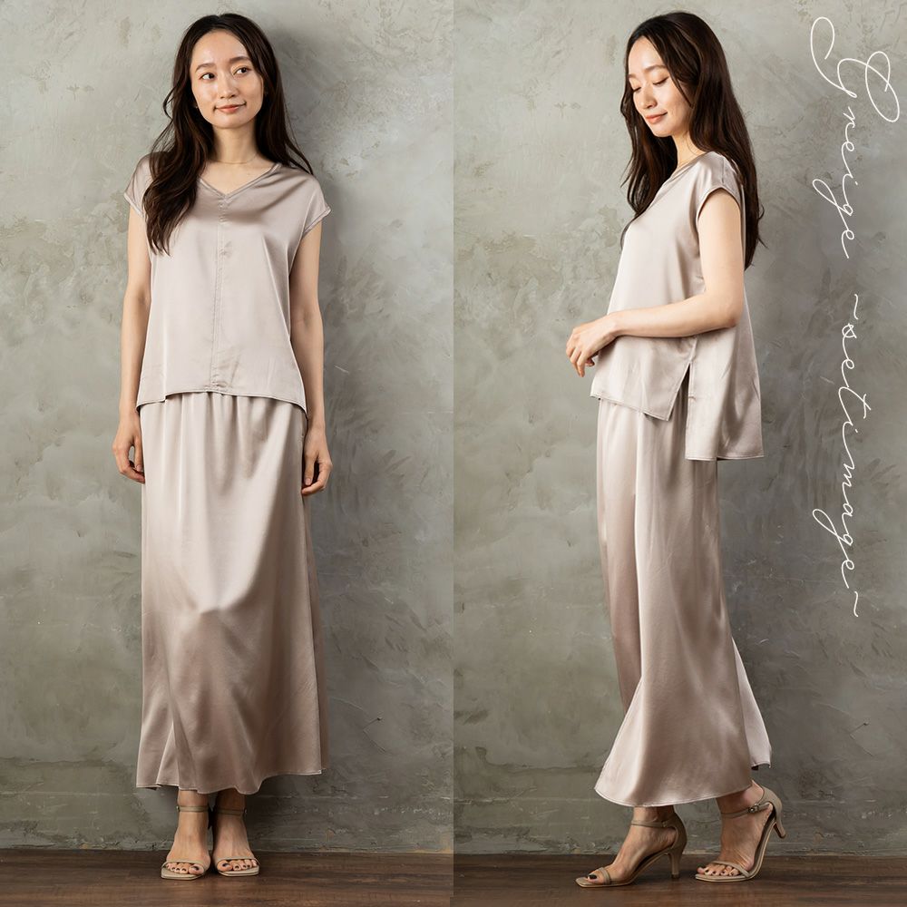 【お得な上下セット】シルク サテンストレッチ トップス＆スカート 上下セット 日本製 19匁