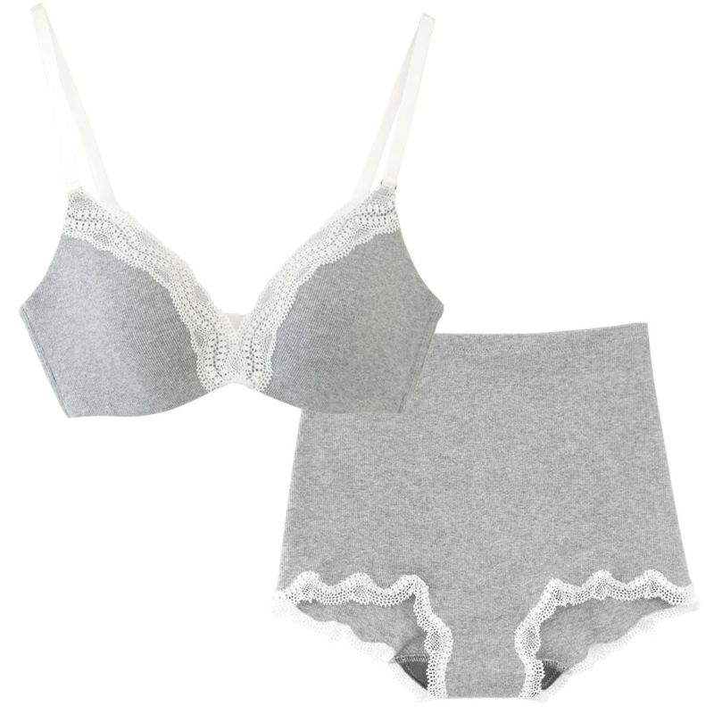 カップ裏シルク モールドカップ ノンワイヤーブラジャー＆コットンリブ ショーツ 上下セット