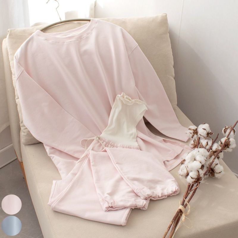 オーガニックコットン パジャマ 上下セット 日本製 トップスとシルク腹巻付きパンツ